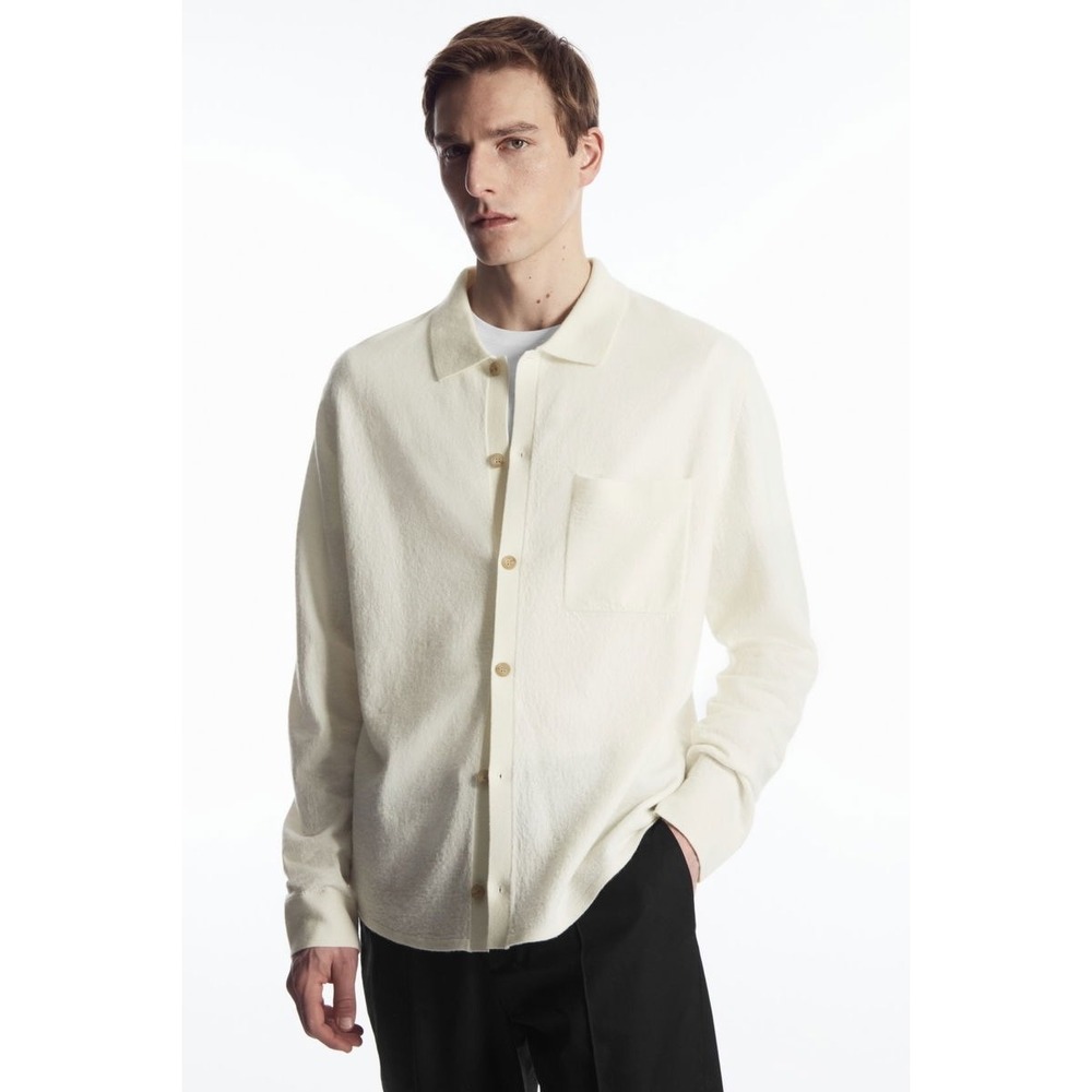 COS Knitted Boiled Wool Button Up Shirt Cream Beige Long Sleeve Collared XL